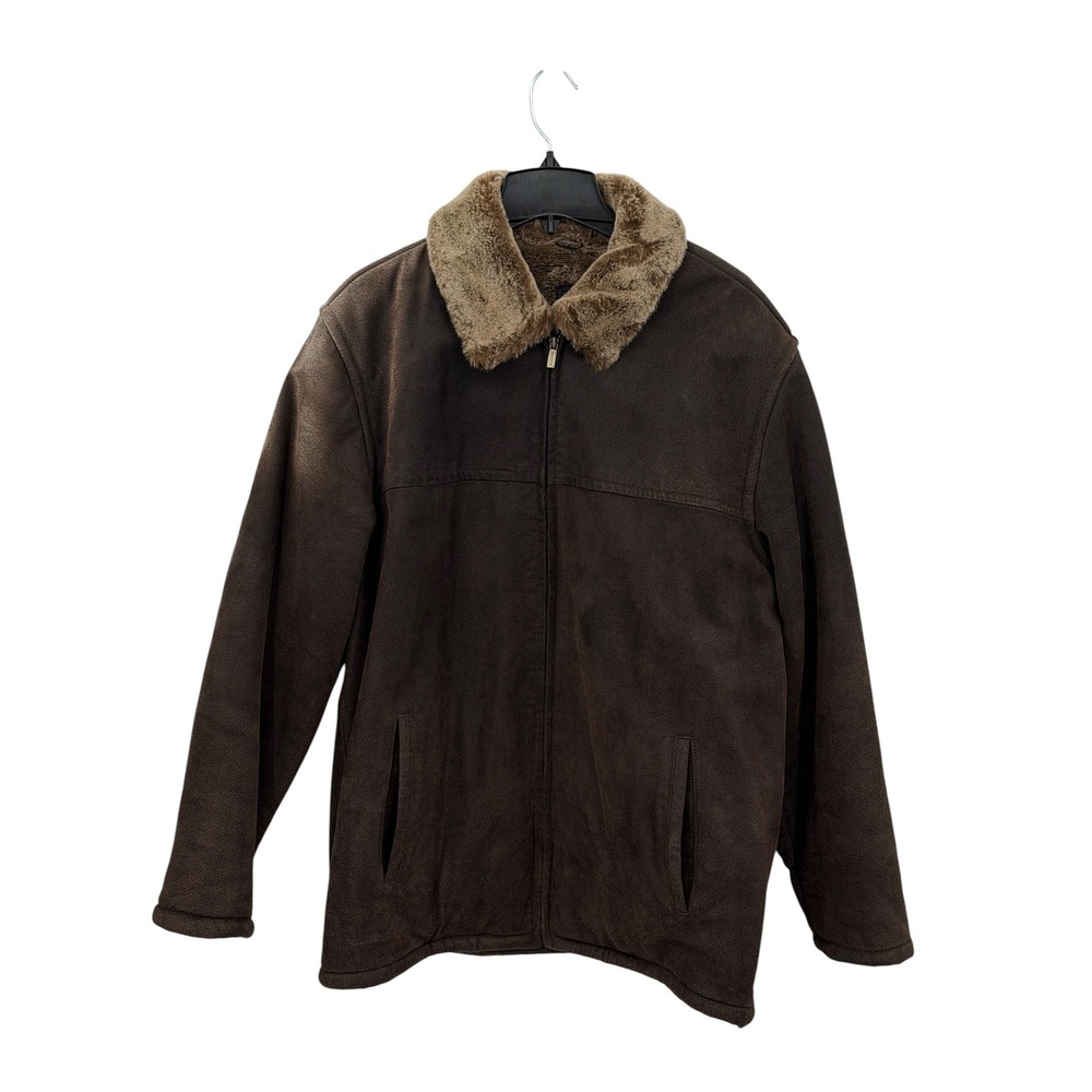 Robert Comstock Leather Jacket Men SZ L Brown Rugged Faux Fur Lined Fall Comfort